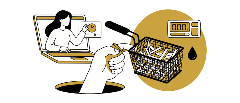 Online cooking class laptop illustration showing virtual culinary course, hand holding deep fryer basket of french fries, minimalist line art vector graphic design for digital recipe school app.