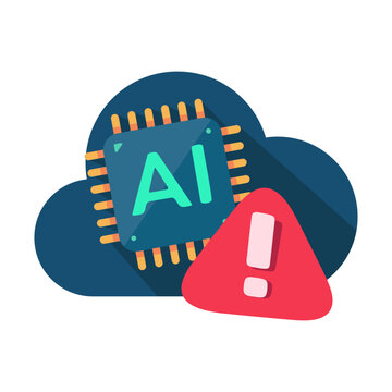 Warning icon over AI processor in cloud computing, symbolizing potential technology risks and issues