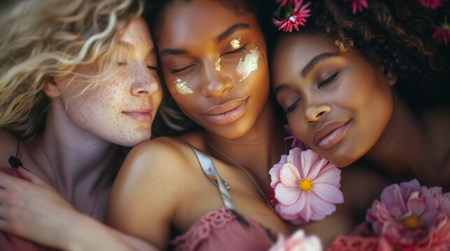 Multicultural female group sharing warmth beauty and connection with soft floral details