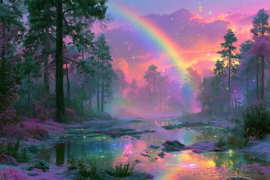 Fantasy dreamcore forest landscape with rainbow and colorful sky