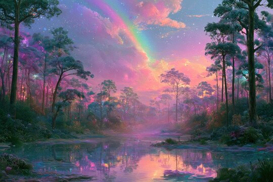 Fantasy dreamcore forest landscape with rainbow and colorful sky