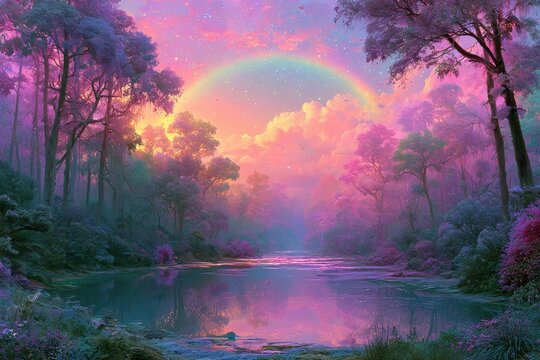 Fantasy dreamcore forest landscape with rainbow and colorful sky