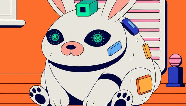 Very beautiful soft robotic rabbit with plush textures, glowing digital eyes, and futuristic cozy atmosphere in adorable semi-flat vector illustration style.
