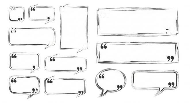 Collection of hand-drawn quote bubble frames with rough outlines and quotation marks on a solid black background, set