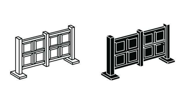 Two black and white line art and solid filled fence illustrations isolated on white background for design and decoration purposes