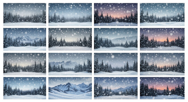 Collection of sixteen winter landscape scenes featuring snow-covered pine forests, mountain ranges, and falling snowflakes at sunset