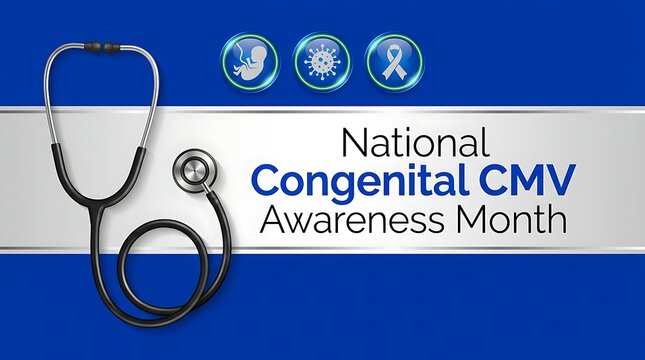 National congenital cytomegalovirus awareness month with medical symbols stethoscope baby fetus virus ribbon healthcare awareness graphic.
