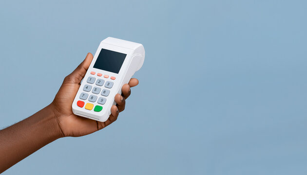 Hand Holding Payment Terminal with Copy Space, Modern Contactless Card Machine for Digital Transactions, Retail Checkout and Cashless Business Payment Concept