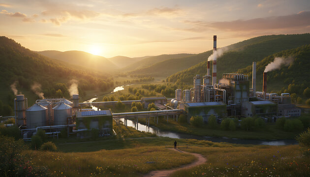 Industrial complex nestled in a valley during golden hour with rolling hills and a winding river