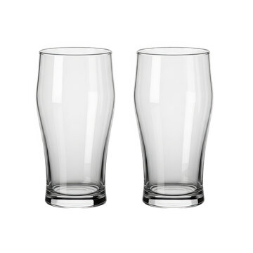 Two empty clear pint glasses side by side, isolated on transparent background