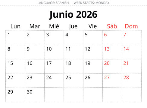 2026 Spanish June calendar planner &ndash; Junio. Vector illustration Spain