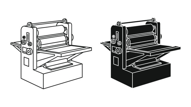 Vector illustration of two industrial printing machines in black and white on white background