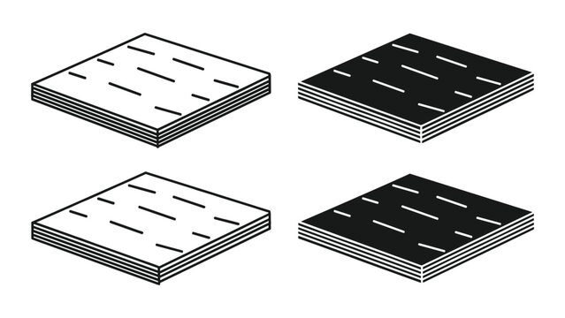 Four stacks of black and white dashed line sheets on white background