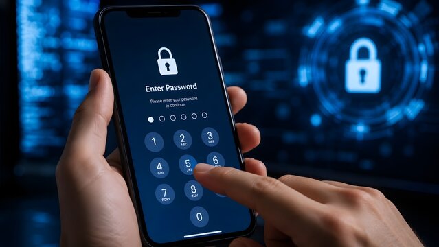 Hand entering password on smartphone with digital lock icons for mobile security authentication privacy protection cyber safety encrypted access and secure login technology concept