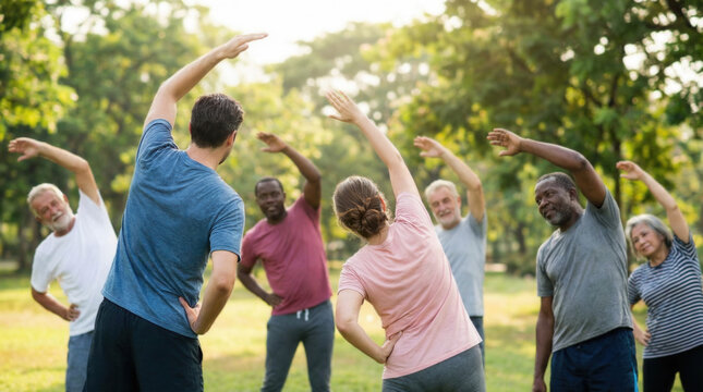Diverse adults practicing outdoor stretching exercises together in public park