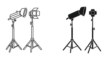 Vector illustration of studio lights on stands in black and white isolated on white background © SHAHRIYAR RASEL