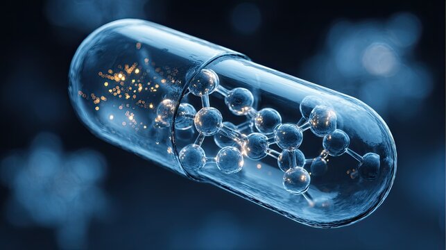 Close-up of Molecular Structure Inside Transparent Capsule, Nano Drug Delivery and Biotechnology, Modern Pharmaceutical R&D Concept Illustration