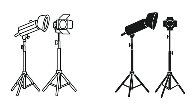 Vector illustration of studio lights on stands in black and white isolated on white background