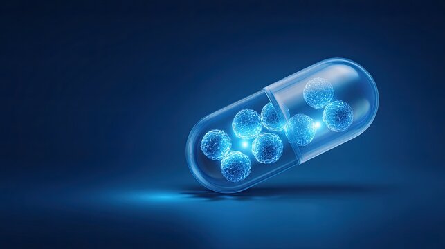 Close-up of Molecular Structure Inside Transparent Capsule, Nano Drug Delivery and Biotechnology, Modern Pharmaceutical R&D Concept Illustration