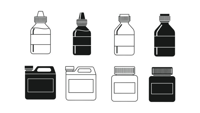 Black and white illustration of various bottles and containers in different shapes and sizes