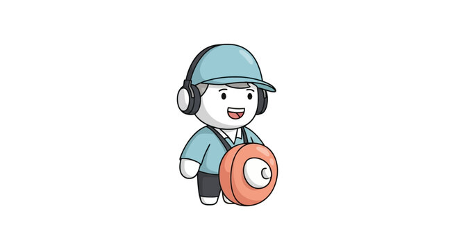 Cartoon worker with headset and tool.