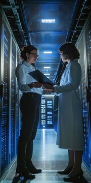 Expert Women Analyzing Digital Cloud Computing and Hardware in a Modern Data Center Environment