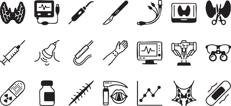 Set of medical and surgical icons for healthcare industry showing procedures tools laboratory equipment diagnostic instruments and specialized surgery accessories