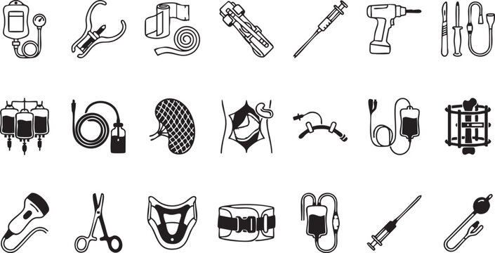 Assorted orthopedic surgical and emergency medical equipment icons including traction tools bandages blood bags fixation hardware and various hospital care devices