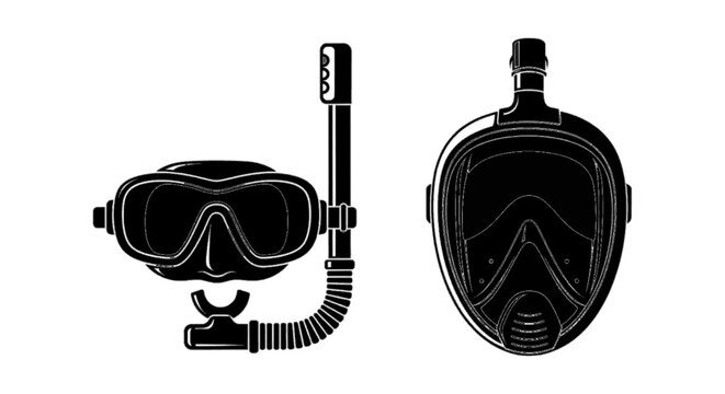 Minimal black silhouette icon, simple flat vector, bold black shape, no, no shading snorkeling gear set including a diving mask with snorkel and a full face mask on a, flat icon style