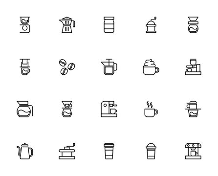 Coffee icon set. Vector icon pack. Minimalist line icons. Featuring coffee maker, espresso, French press, coffee bean, coffee cup, coffee pot, grinder, kettle, drip, latte, pour and more.