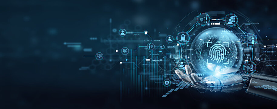 Robot hand securely hold BIOMETRIC authentication icons to protect global identity data. Advanced fingerprint and iris scanning tech ensure high-level security for digital access systems.