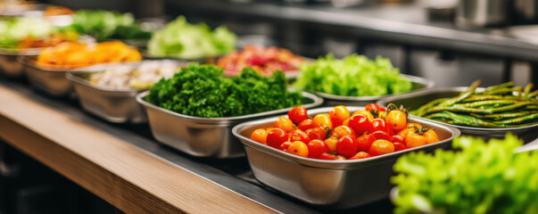 Fototapeta premium Food waste solutions fresh vegetable buffet tray in cafeteria kitchen promoting sustainability and reducing leftovers for healthy eating choices
