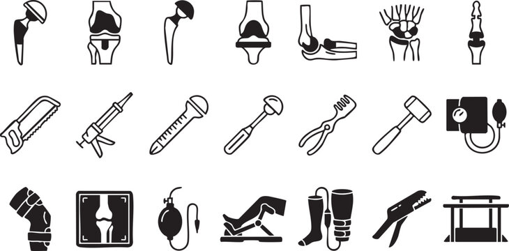 Orthopedic surgery and joint replacement icons set featuring hip implants knee replacements bone saws surgical hammers joint anatomy and medical rehabilitation gear