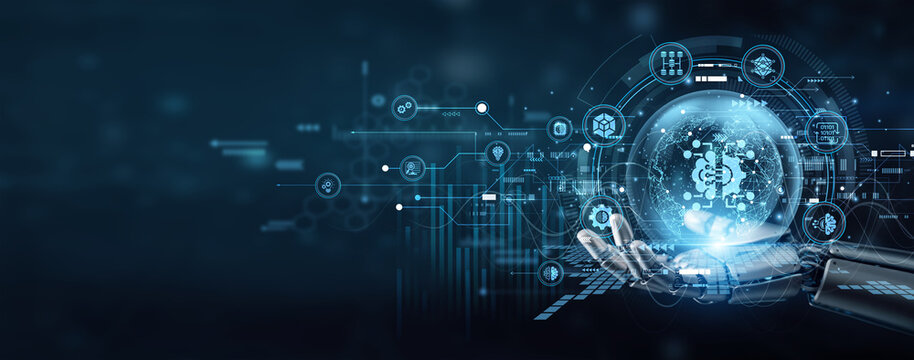 Robot hand expertly hold MACHINE LEARNING neural networks to drive global automated logic. Smart algorithms analyze massive datasets to predict trends and optimize complex software tasks.