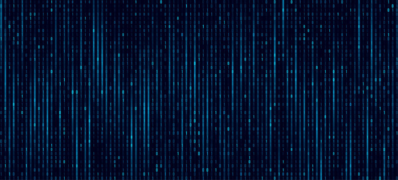 Digital glowing blue binary code with random digits 0 and 1 for Technology or Science background. Data coding concept for programming web presentation. Vector illustration.