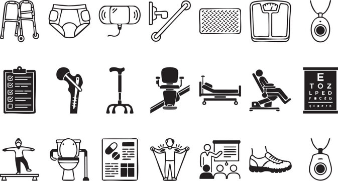Elderly care and physical rehabilitation equipment icons set including walker wheelchair hospital bed and accessibility tools for geriatric patient assistance