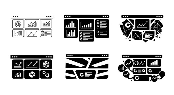 Data analytics dashboard interface design templates with charts and informational widgets for business reports.