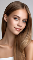 Fototapeta premium Young woman with straight light brown hair, blue eyes, smooth skin, natural makeup, and soft smile, studio portrait, beauty concept