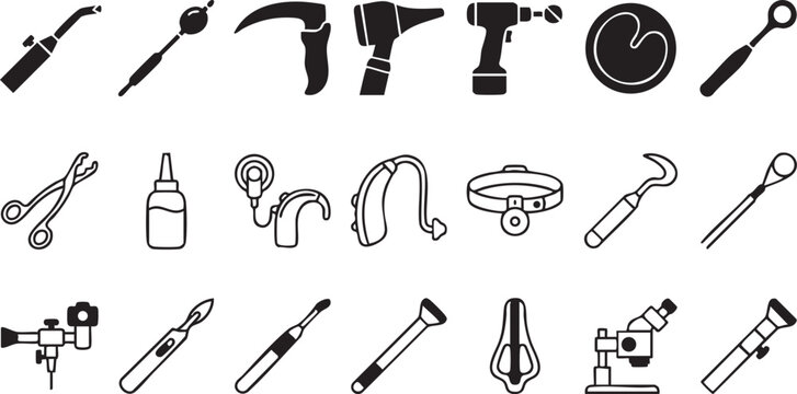Medical ear nose and throat diagnostic tools icons set collection featuring otoscope hearing aid scalpel and surgical instruments for otolaryngology specialists