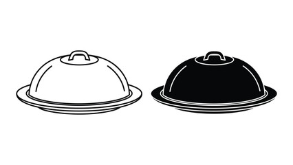 Fototapeta premium Vector illustration of covered serving dishes in black and white line art on white background
