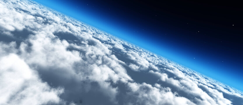 Starship flight, clouds over Earth from low orbit, Earth from a spaceship's flight altitude, 3D rendering