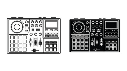 Vector illustration of two electronic dj controllers in black and white line art on white background © SHAHRIYAR RASEL