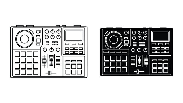 Vector illustration of two electronic dj controllers in black and white line art on white background