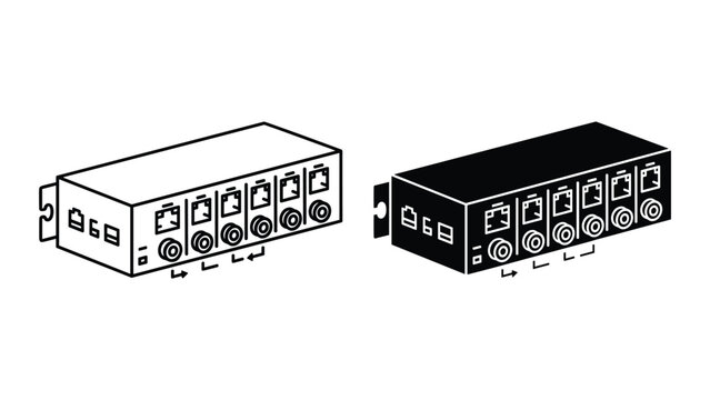 Vector illustration of two electronic device boxes with various ports and connectors on the front isolated on white background