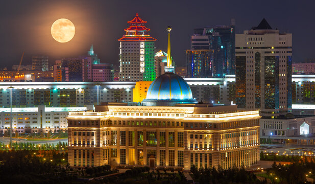 The residence of the President of Kazakhstan Akorda in the city of Astana with evening illumination