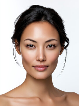Asian woman smooth skin natural makeup dark hair beauty portrait pure white background high fidelity serene youthful