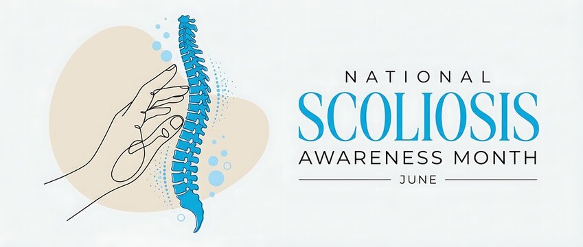 National scoliosis awareness month illustration of spine and hand for medical support and education campaign.