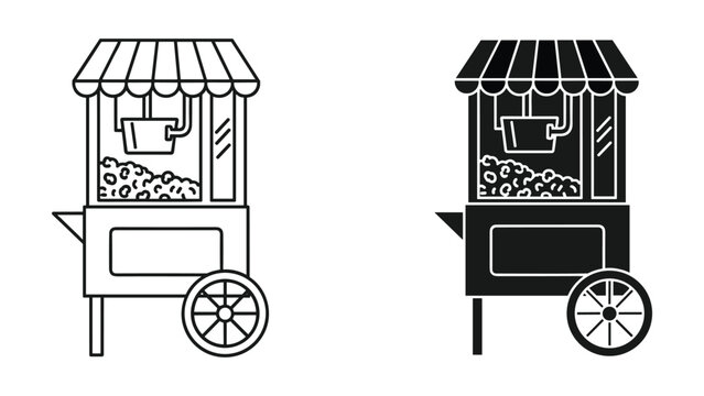 Black and white line art illustration of popcorn carts on white background