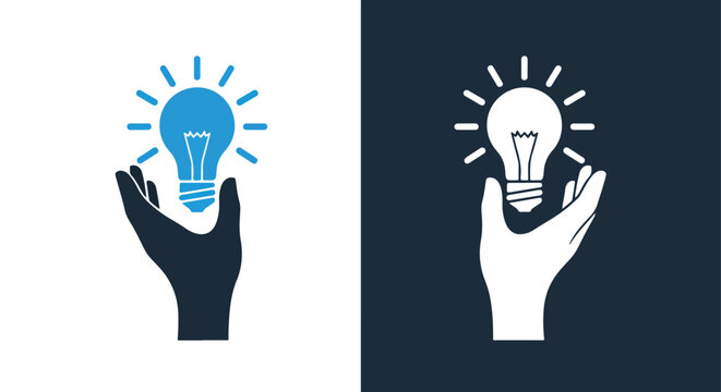 Hand holding light bulb idea vector icon: Icon set - Minimalist, flat icon, outline, glyph, linear, clipart, sticker 