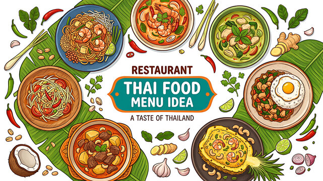 Colorful Thai restaurant menu design with traditional dishes and fresh ingredients layout
